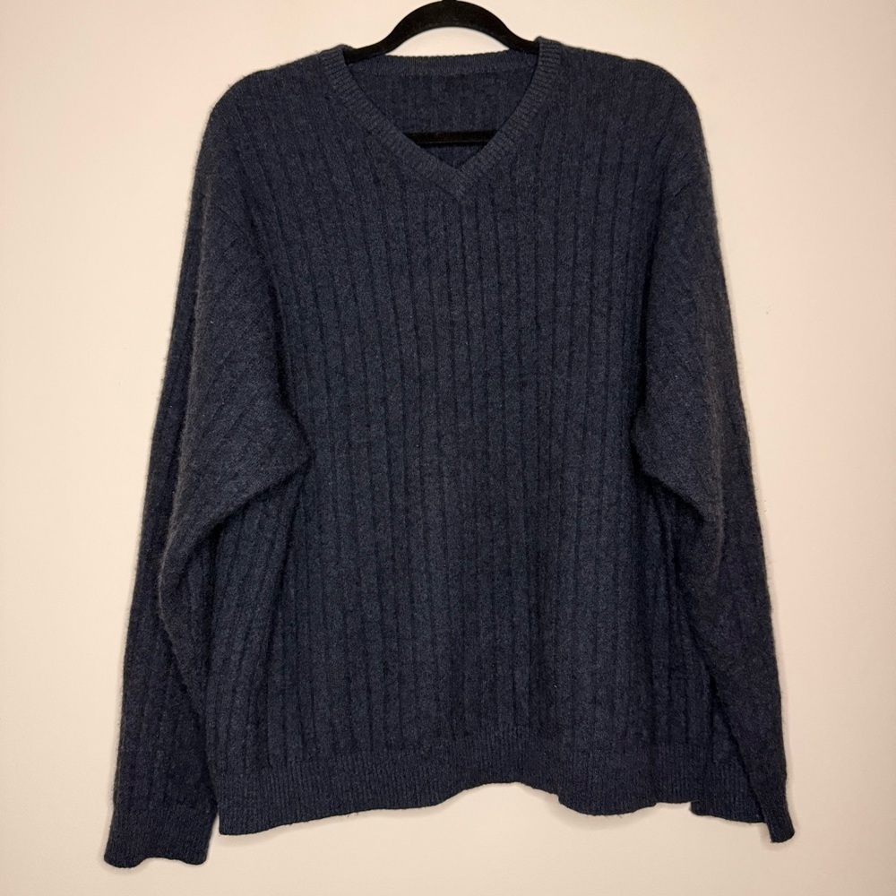 Cashmere Dark Gray Vneck Ribbed Knit Business Casual Grandpa Sweater